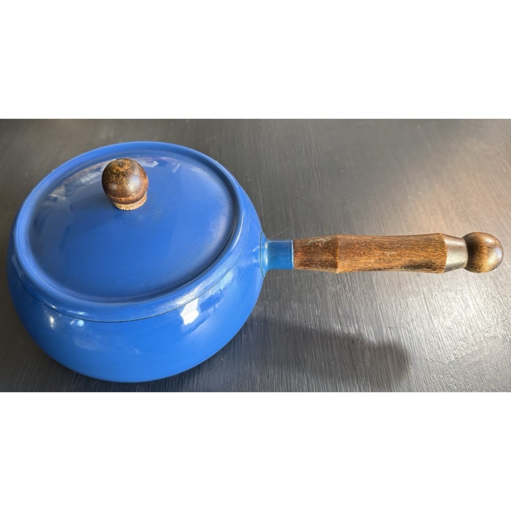 VTG Blue Enamel Saucepan Fondue Pot Mid Century Modern Wood Handle Cottage Core - Picture 2 of 6